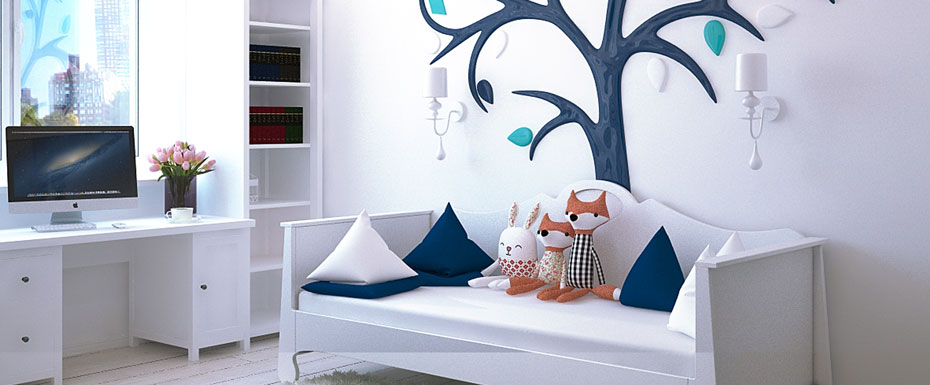 Bright Child's Bedroom with blue colored tree on the wall. Gracefully done decoration, soft toys placed on the couch