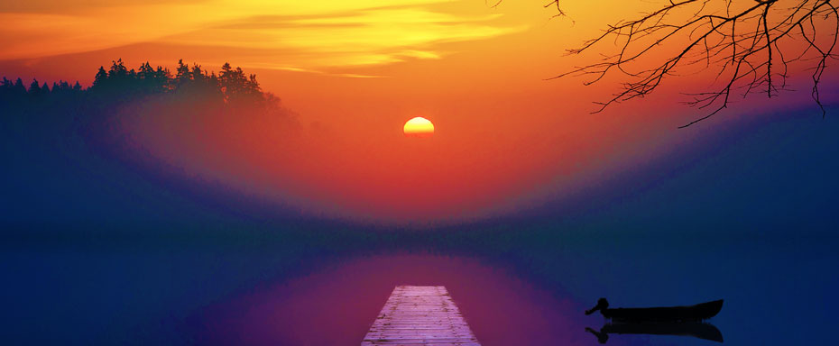 Sunset on the lake with boat floating