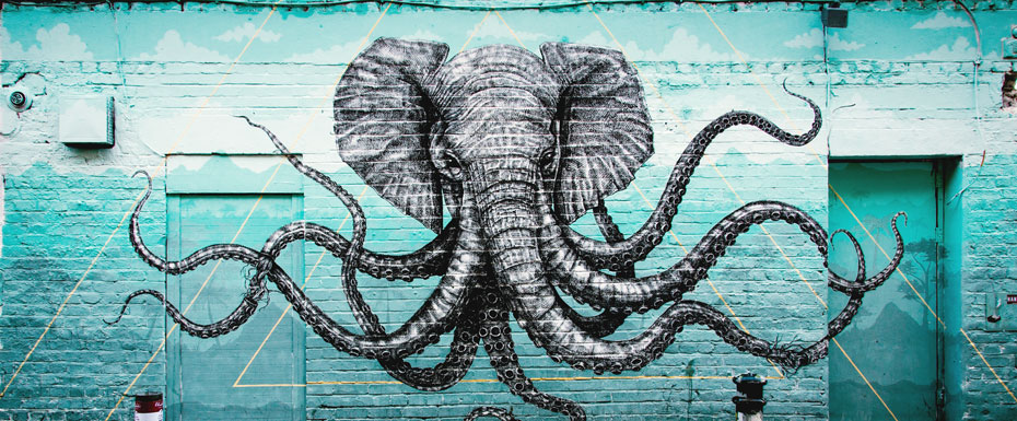 Graffiti on the cyan wall drawn elephant changing to octopus