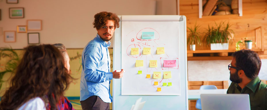 Startup leader drawing flowchart board discussing project