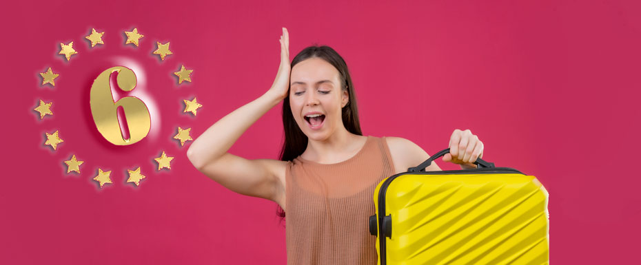 Young Beautiful woman with travel suitcase standing with hand head mistake remember error pink background